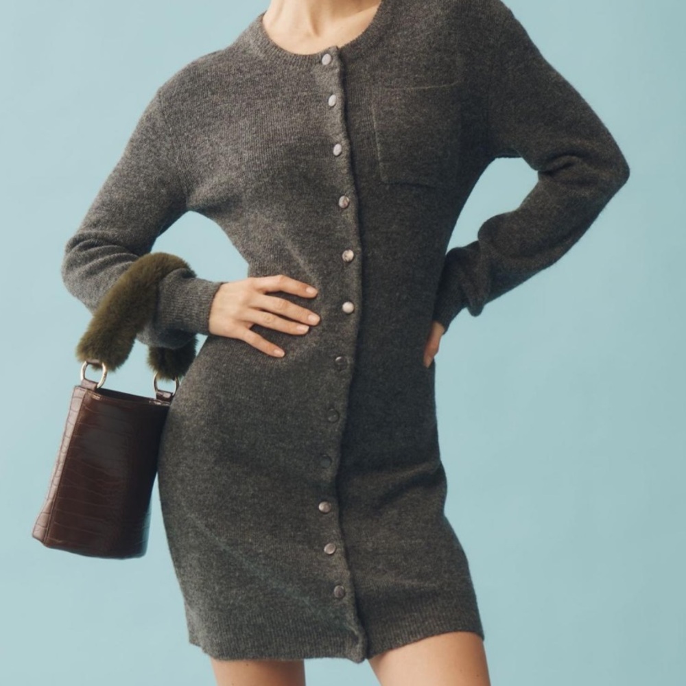 Anthropologie Mare Mare long Sleeve Button Front Mini Swester Dress Gray NWT L